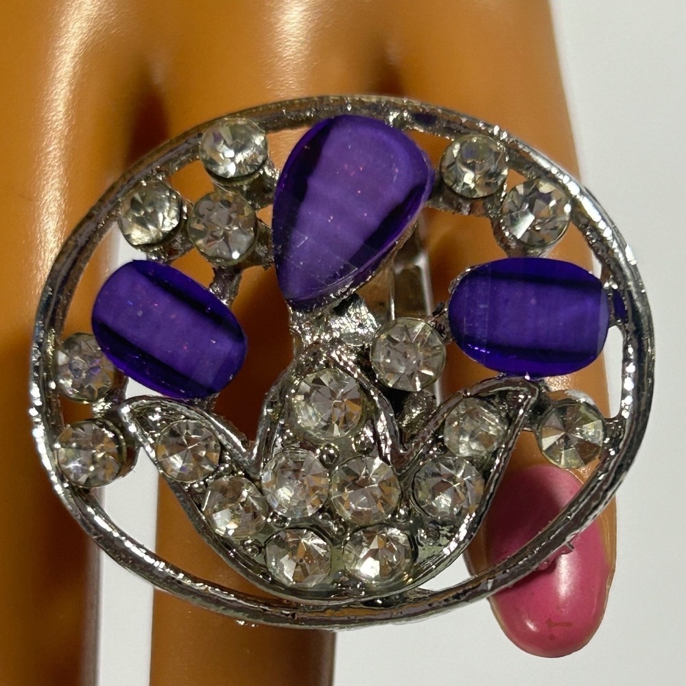 Vintage Y2K Purple Rhinestone Statement Ring Silver Tone Adjustable Fairycore